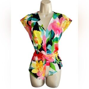 Joseph Ribkoff Multicolor Twist Waist Blouse Size 4 Asymetric Hem